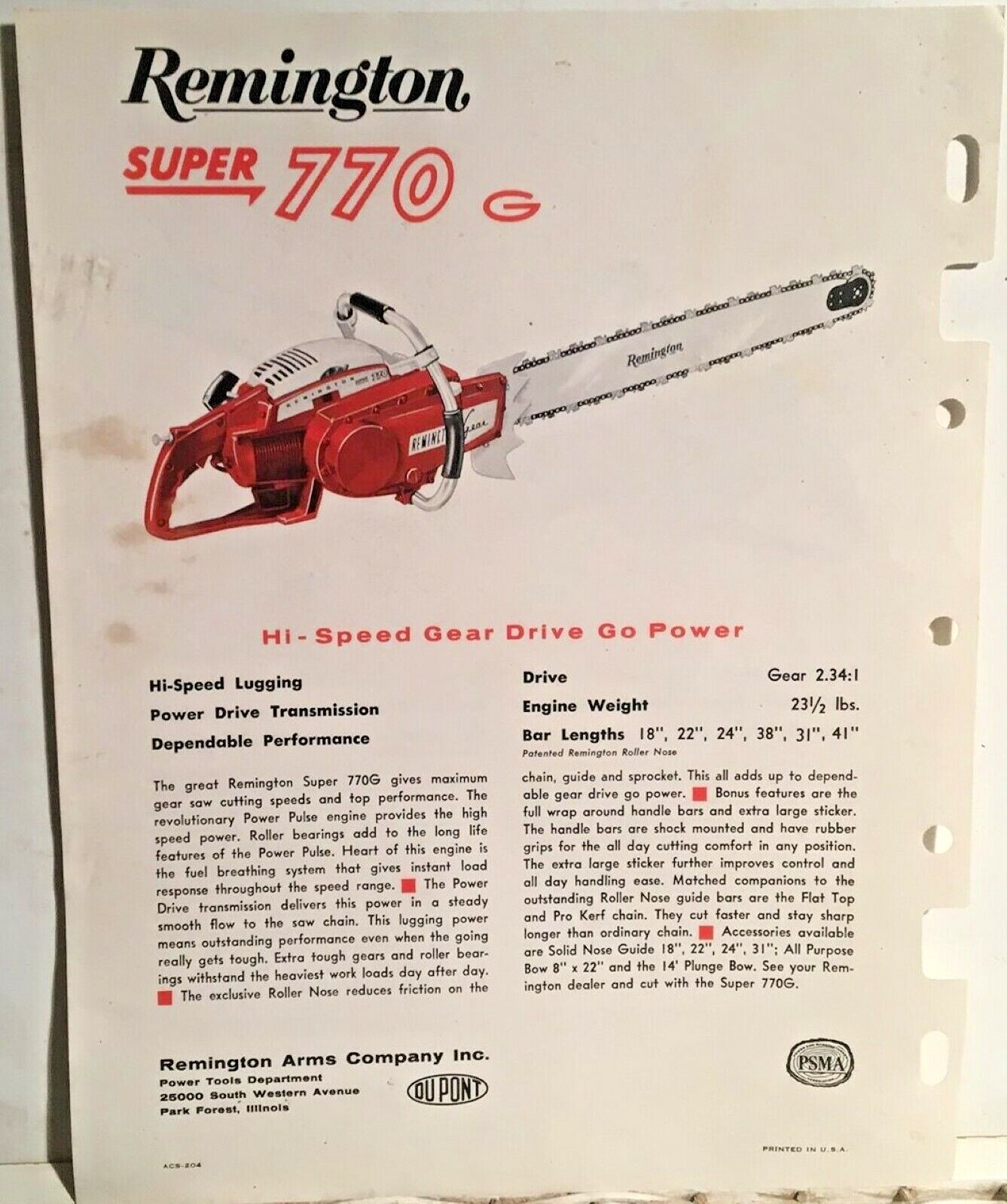 Remington Chain Saw Super 770 & Super 770 G Sales Flyer 1971