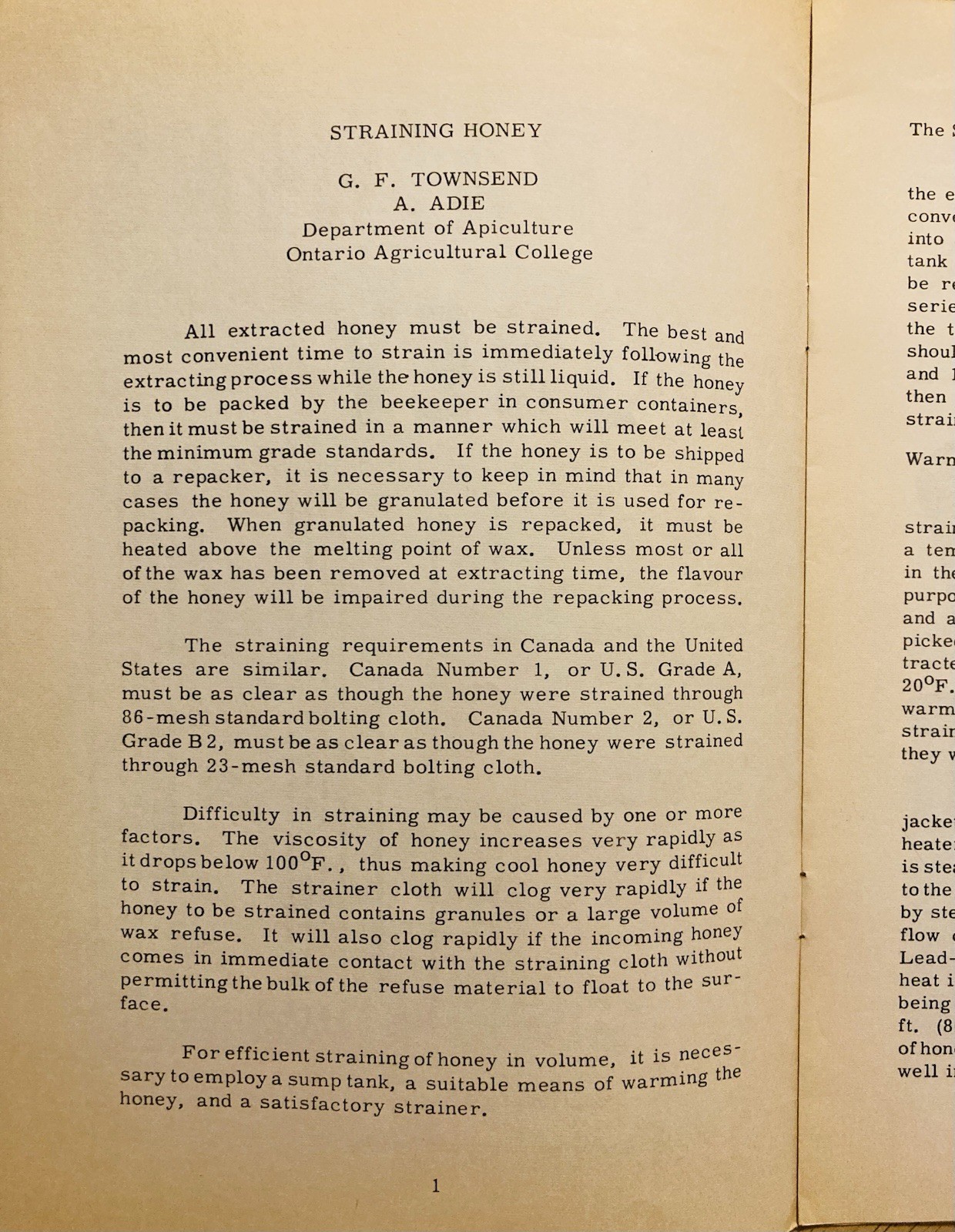 1954 ONTARIO AGRICULTURAL COLLEGE, STRAINING HONEY BROCHURE IN VG CONDITION
