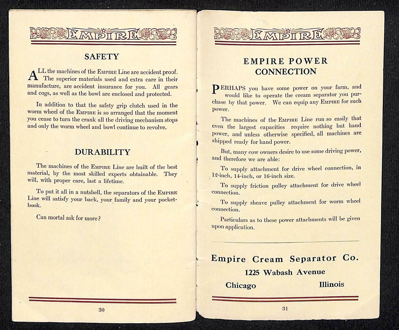 Scarce Empire Line of Cream Separators Catalog 11 Models and Parts 31pp c1910