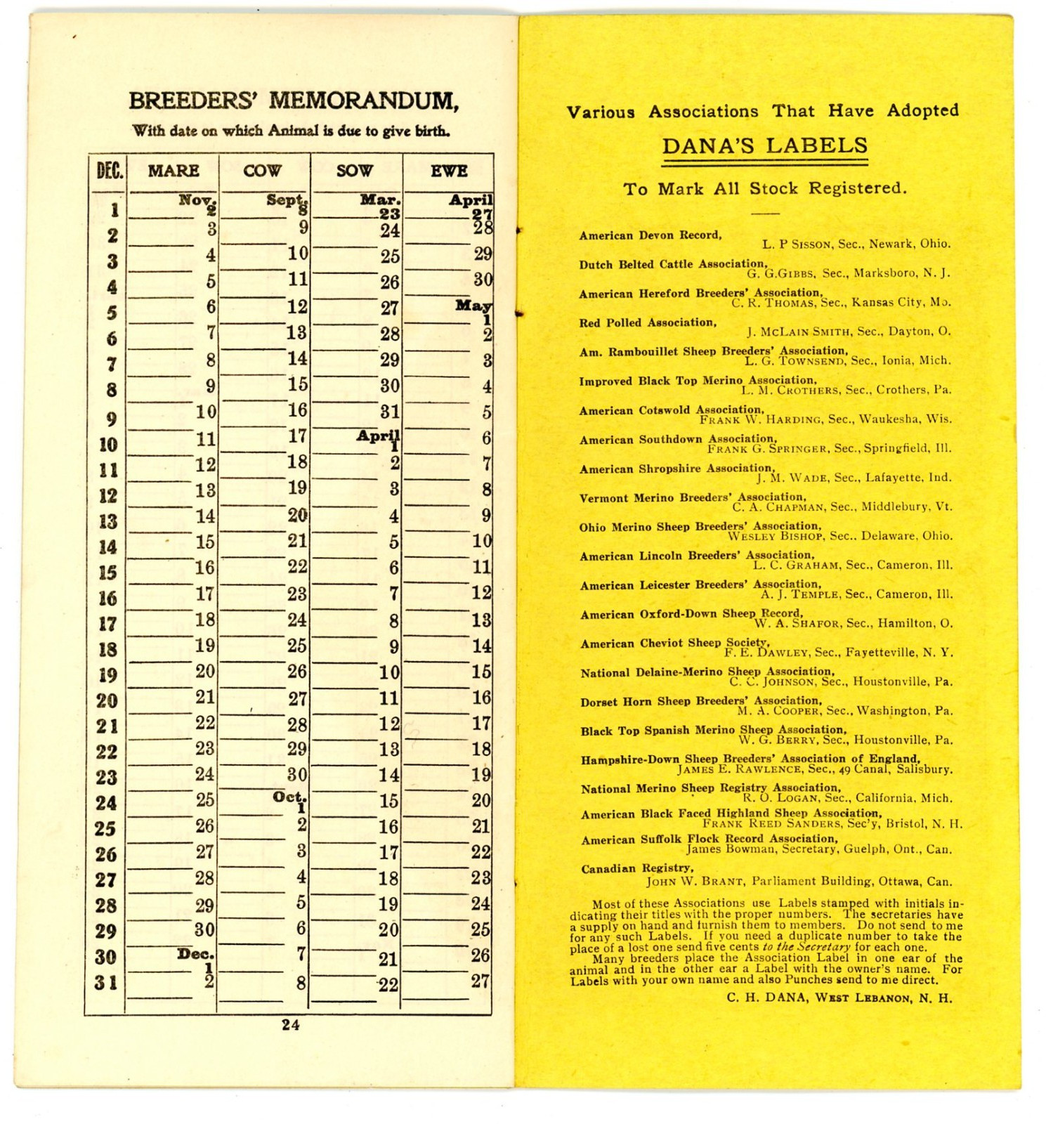 Dana&rsquo;s Stock Labels & Breeder Memorandum C H Dana West Lebanon New Hampshire
