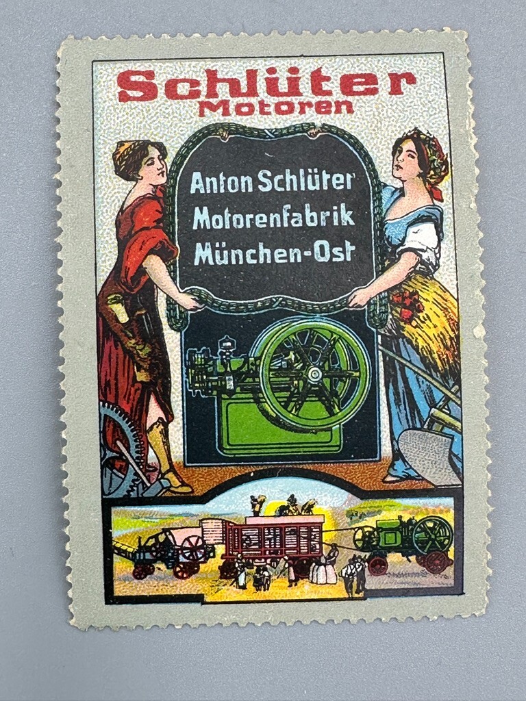 1920s THRESHING MACHINE Schluter Engine Factory German Advertising POSTER STAMP