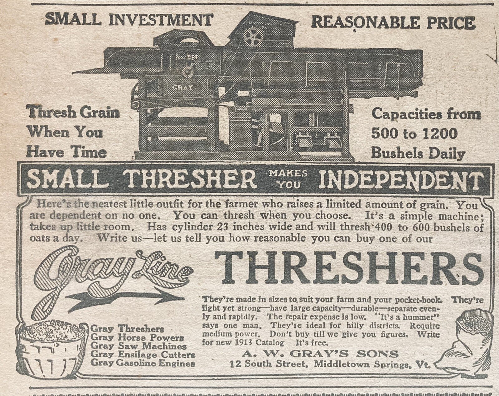 1913 AD.(XH42)~A.W. GRAY’S SONS, MIDDLETOWN SPRINGS, VT. GRAY LINE THRESHERS