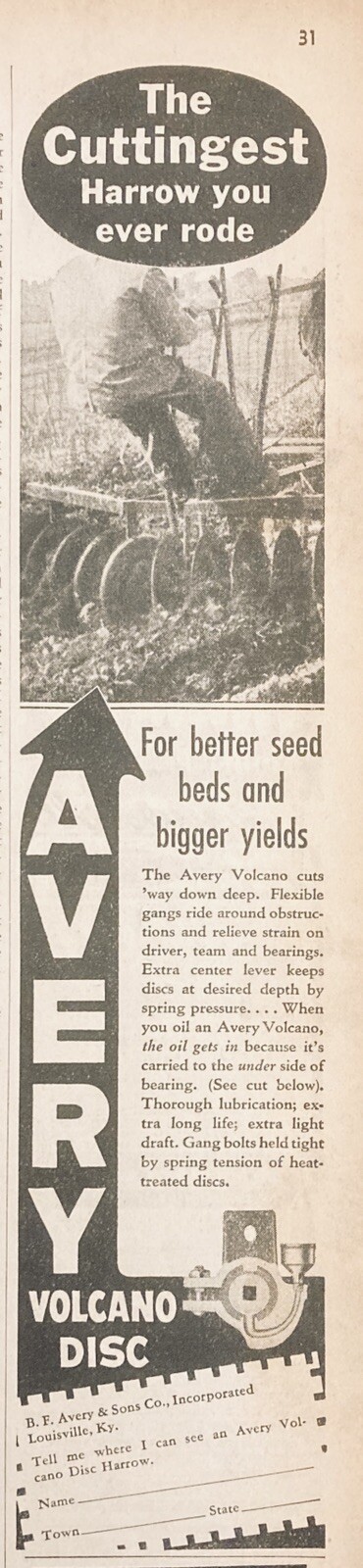 1938 AD.(XG1)~B.F. AVERY & SONS CO. LOUISVILLE, KY. AVERY VOLCANO DISC HARROW