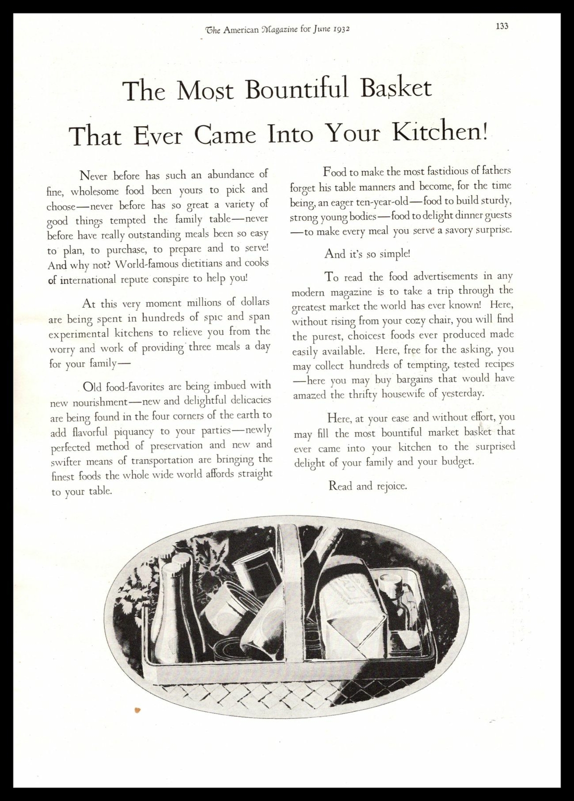 1932 Bountiful Basket Fresh Food Fruit Vegetables Abundance Advertising Print Ad