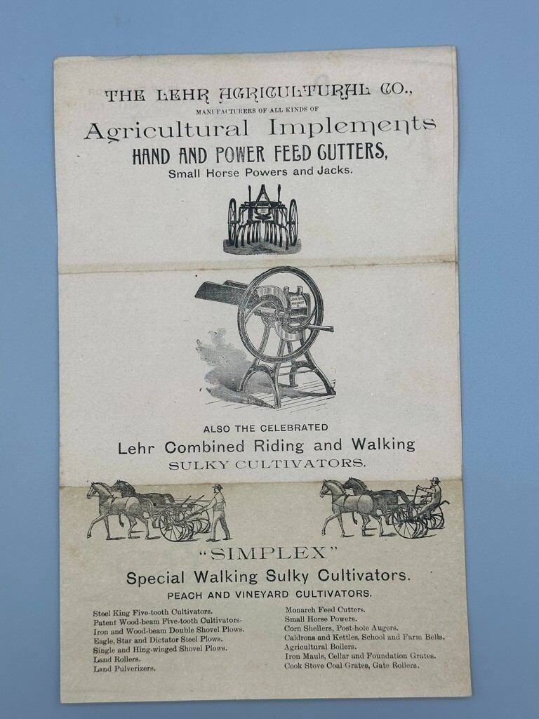 c 1900 Lehr Agricultural KETTLE CALDRON Cultivator Farm Advertising FREMONT OH