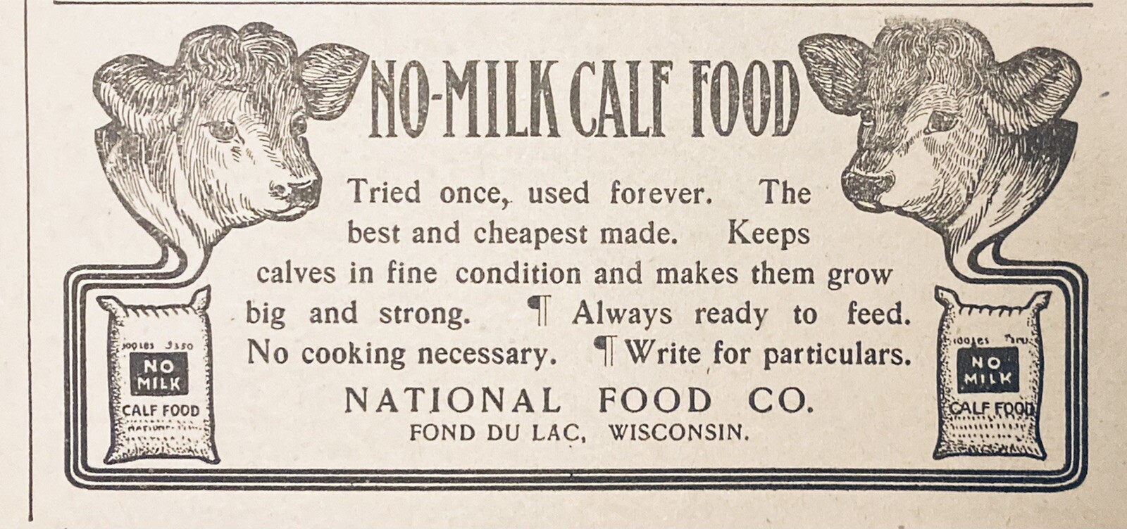 1905 AD.(XH28)~NATIONAL FOOD CO. FOND DU LAC, WIS. NO-MILK CALF FOOD