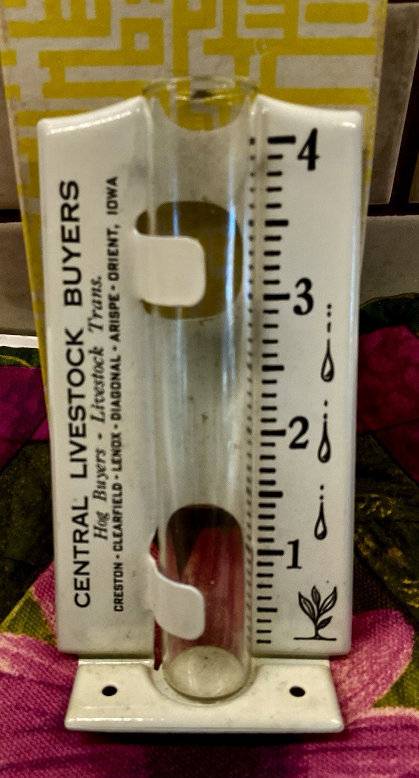 Vtg RAIN GAUGE CENTRAL LIVESTOCK Creston, Lenox, Clearfield, Orient, Others IA.