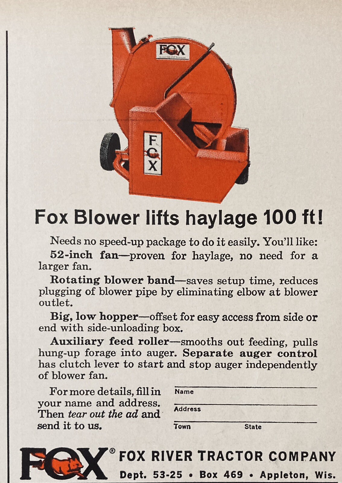 1965 AD.(XH27)~FOX RIVER TRACTOR CO. APPLETON, WIS. FOX HAY BLOWER