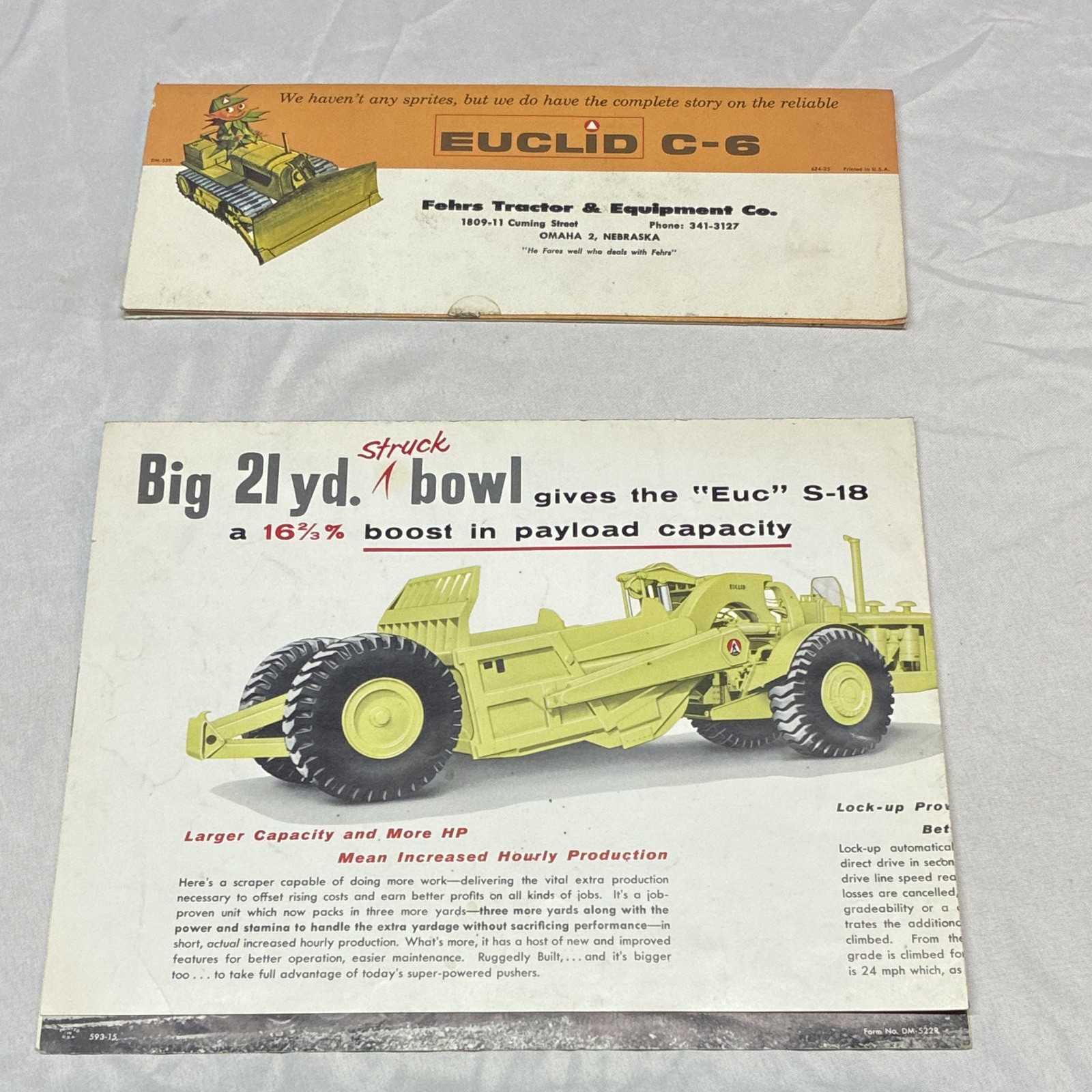 Euclid C-6 Crawler Tractor & S-18 Scraper Advertising Brochure Poster Lot of 2