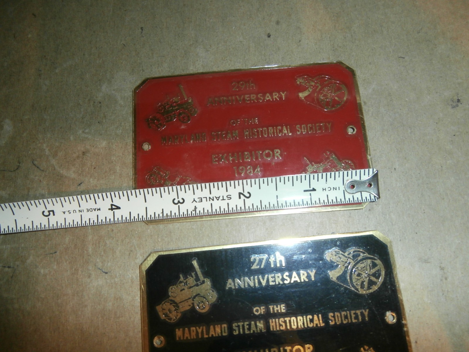 2 Vintage Brass Dash Plaques Maryland Steam Historical Society Upperco 1982 1984