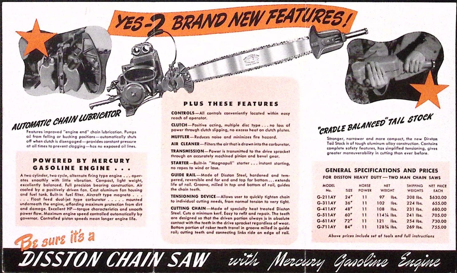 1952 Disston Heavy Duty Two Man Chain Saw Mercury Gasoline Engine Brochure