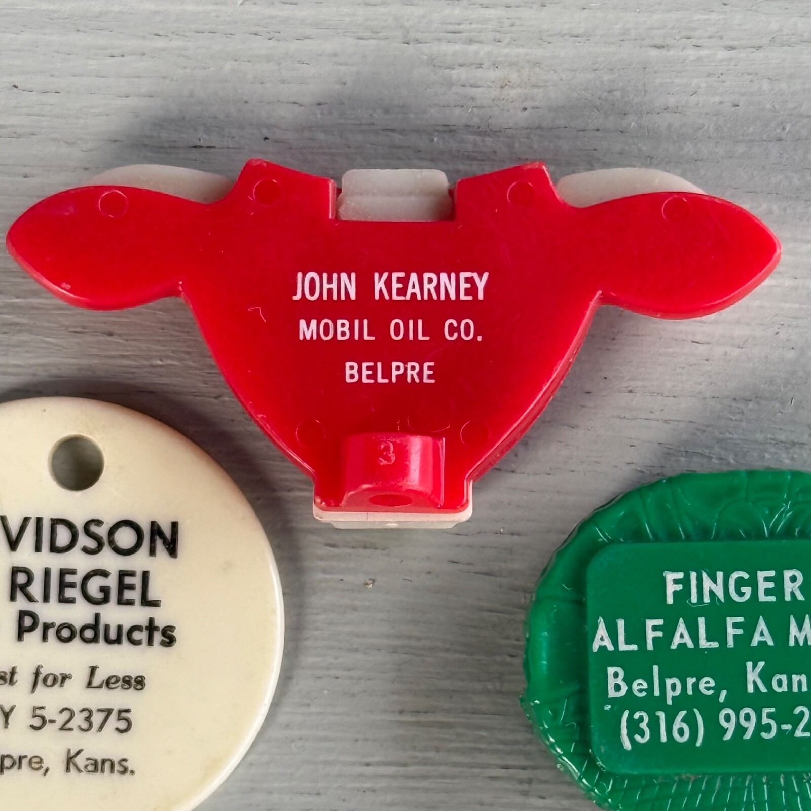 3 Vintage Advertising Keychains Belpre KS Kansas Alfalfa Mill Mobil Oil Bull Cow