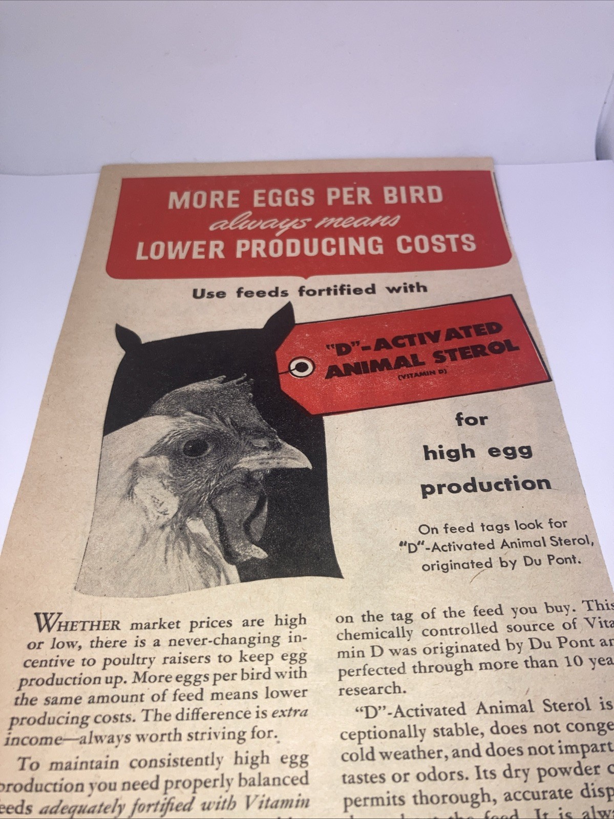 DuPont Delsterol Poultry Feed VTG Print Ad 1945 5”X11” D-Activated Animal PT1