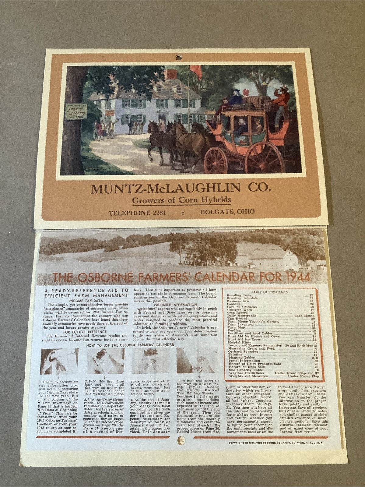 1944 Muntz-McLaughlin Co. Farm Inventory Calendar Holgate OH INV-P0547