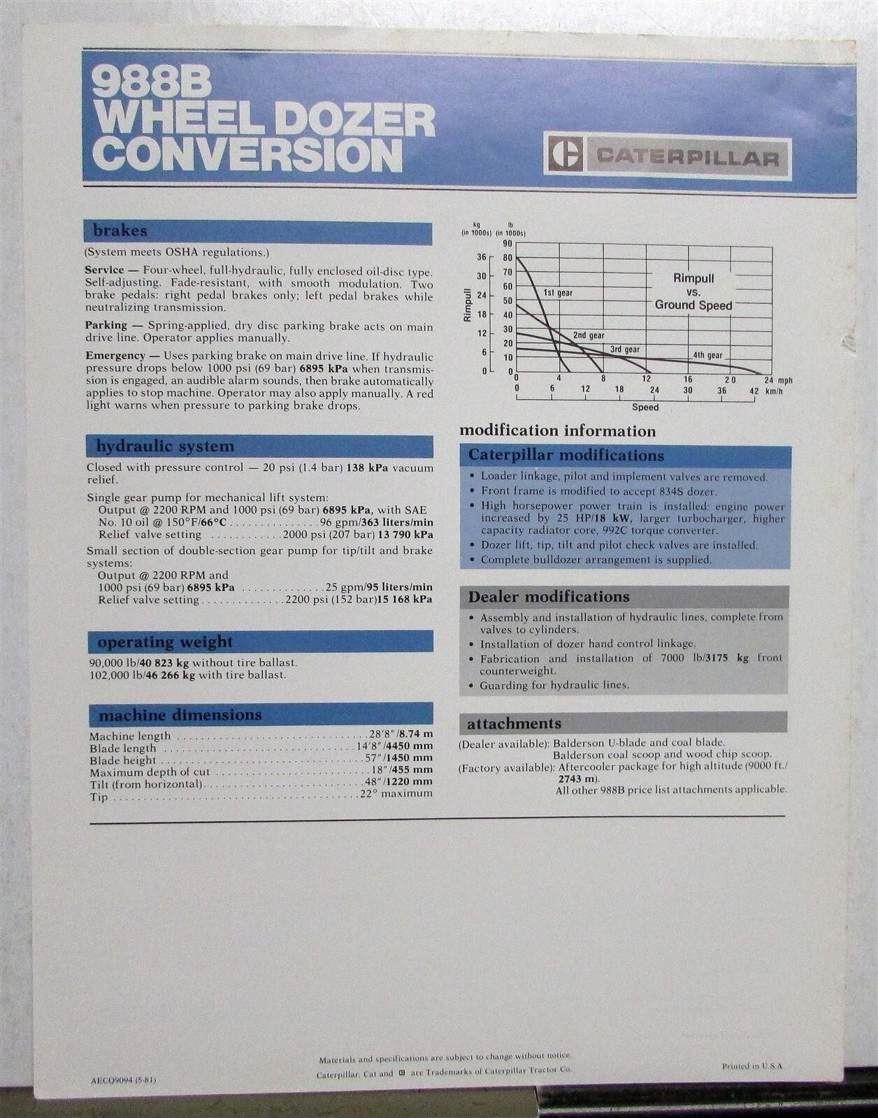1981 Caterpillar 988B Wheel Dozer Conversion Construction Sales Data Sheet