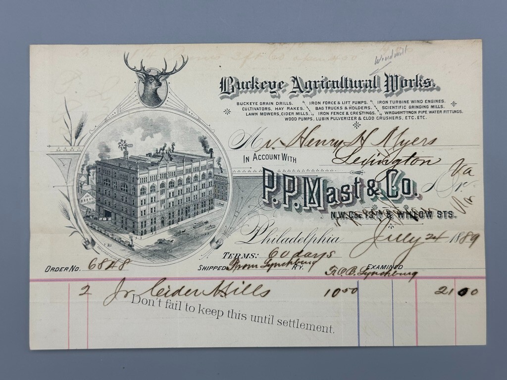 1889 BUCKEYE Agricultural Works PP Mast FARM ADVERTISING Recept WINDMILL on ROOF