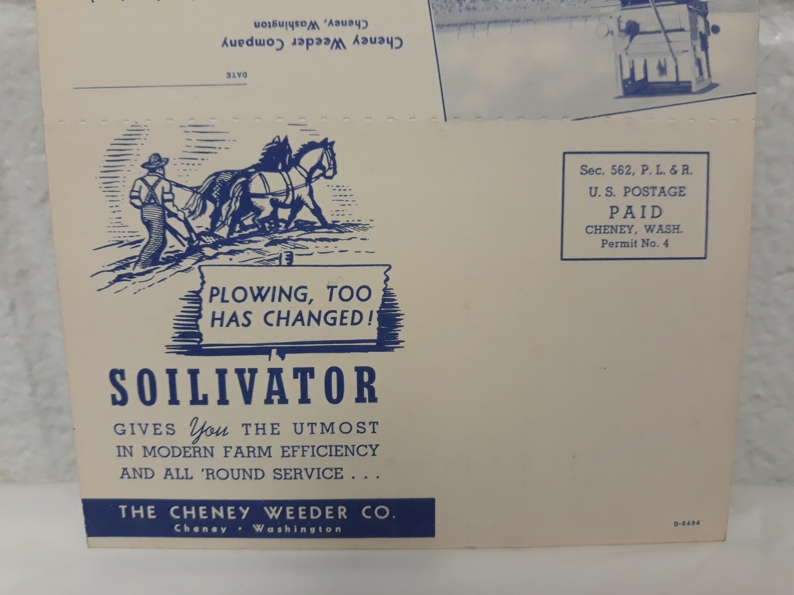 NOS Vintage Cheney Weeder Co. Soilivator farm implement double postcard, color