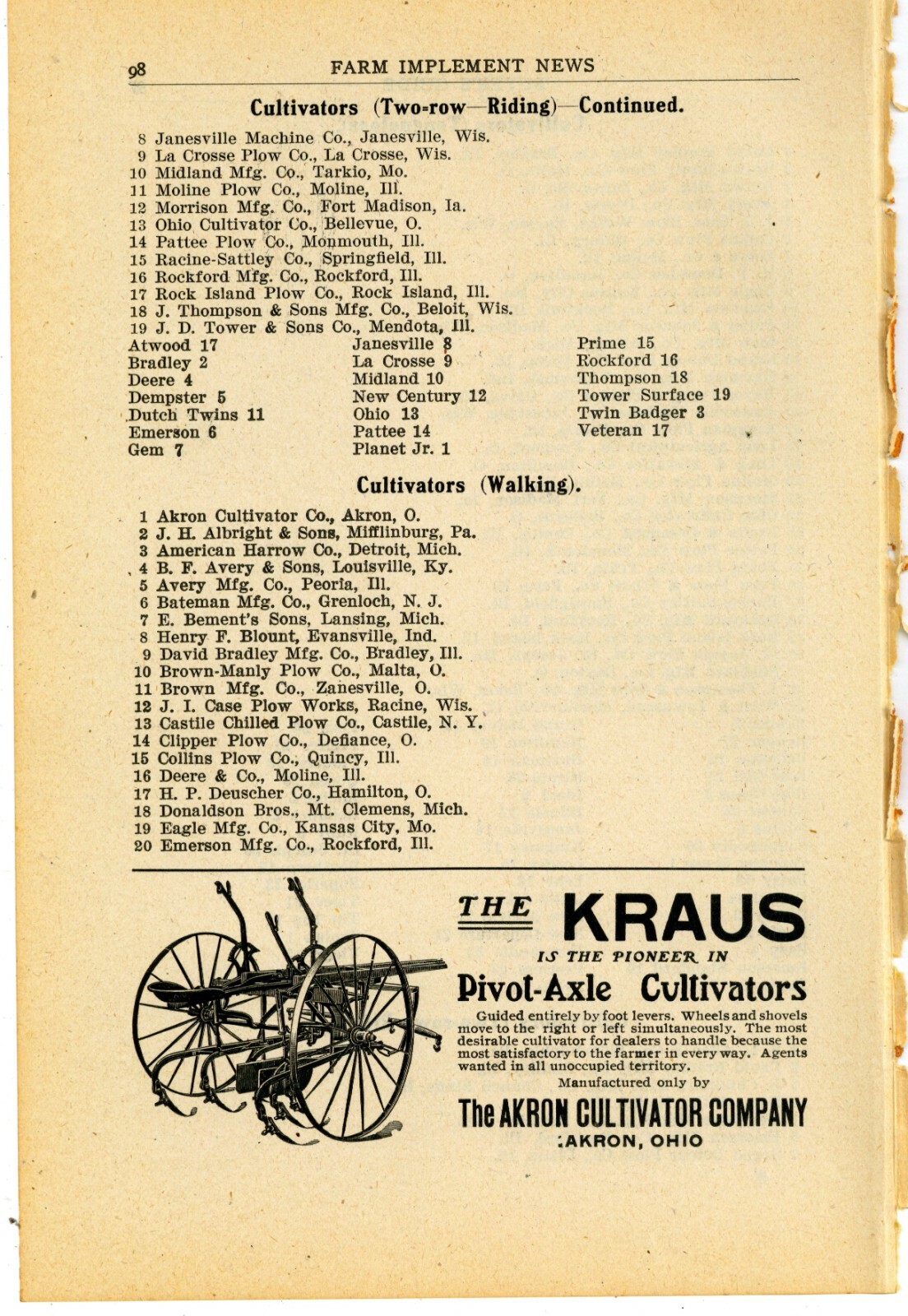 1905 Kraus Pivot Axle Cultivators Ad – Akron Cultivator Co. Akron, OhiO
