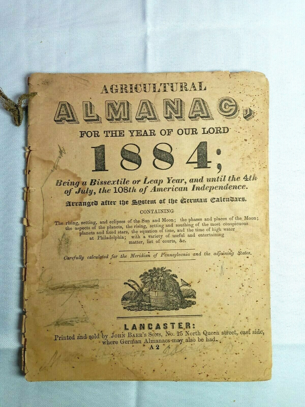 Vintage 1884 John Bear Baer&rsquo;s Agricultural Almanac Lancaster, PA Antique Farmers