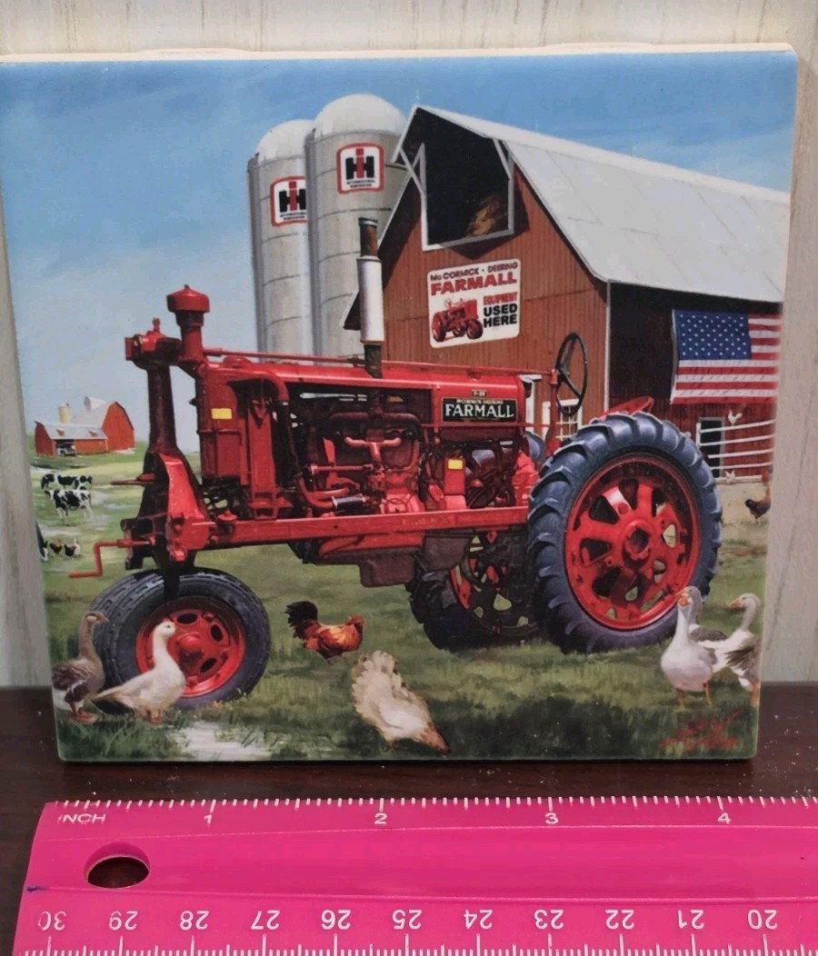 Farmall Tractor Ceramic Coaster Set 4 Tiles Vintage New NIP Antique Farming IH