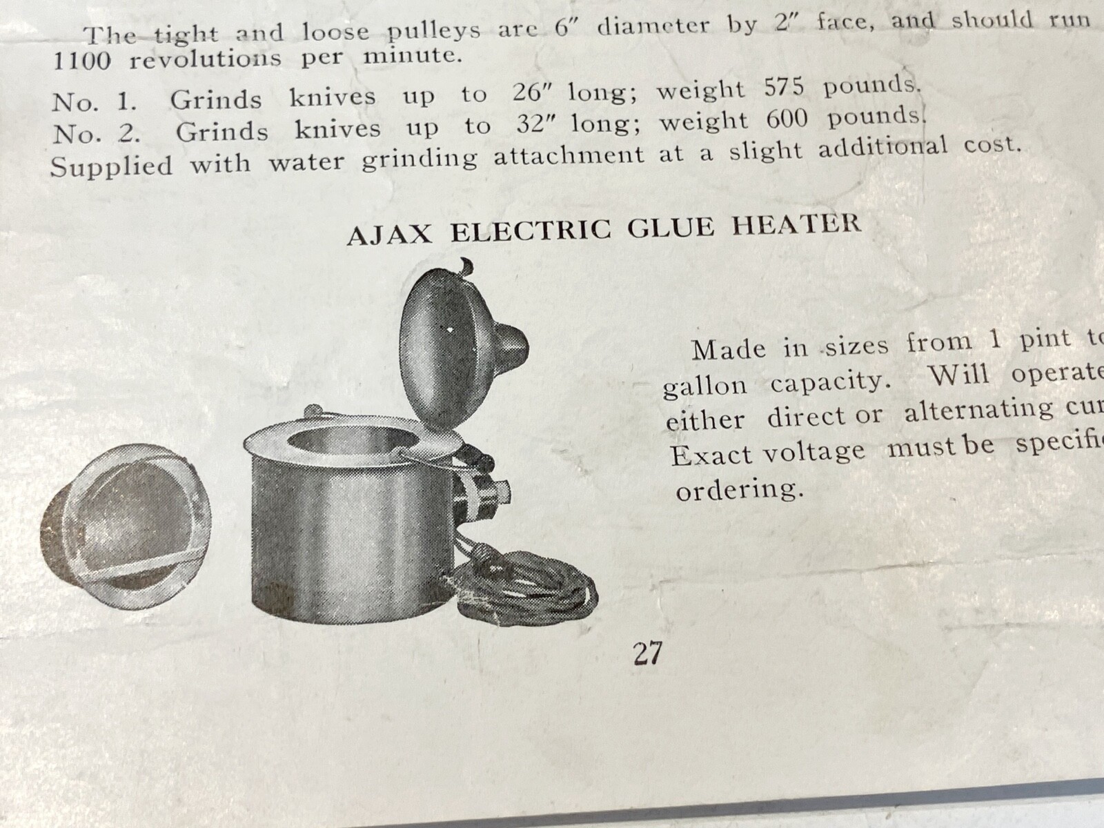Antique paper flyer Ajax automatic knife grinder advertising Parker saW GUARD
