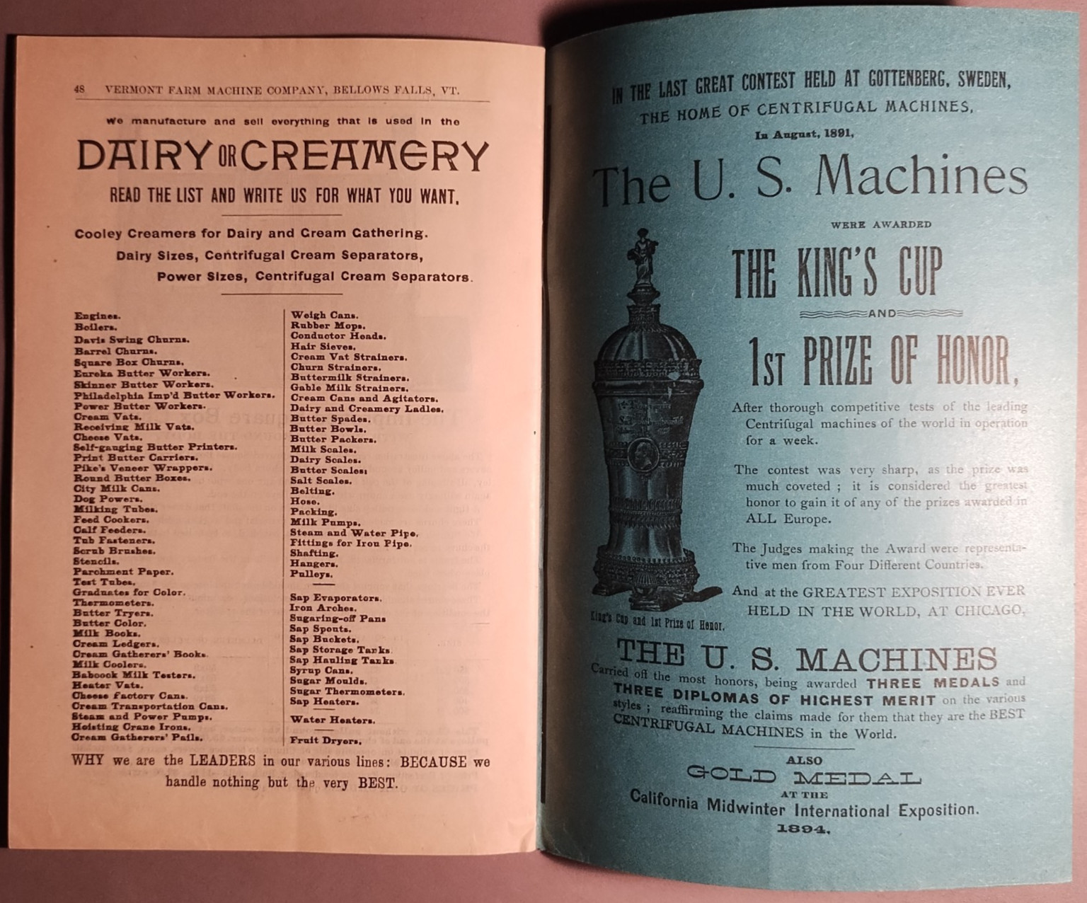 1895 US Cream Separator Vermont Farm Machine Co Catalog #96 Original ++ B6-30