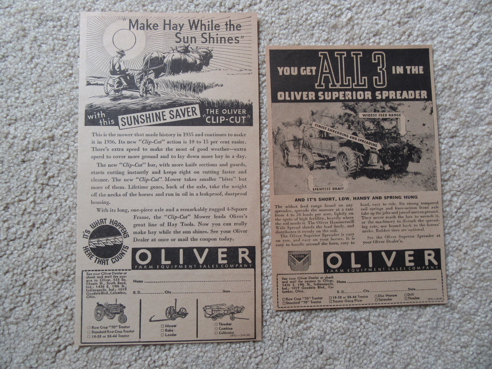 Oliver Superior Spreader, The Oliver Clip-Cut Mower, Horse-Drawn, Print Ad
