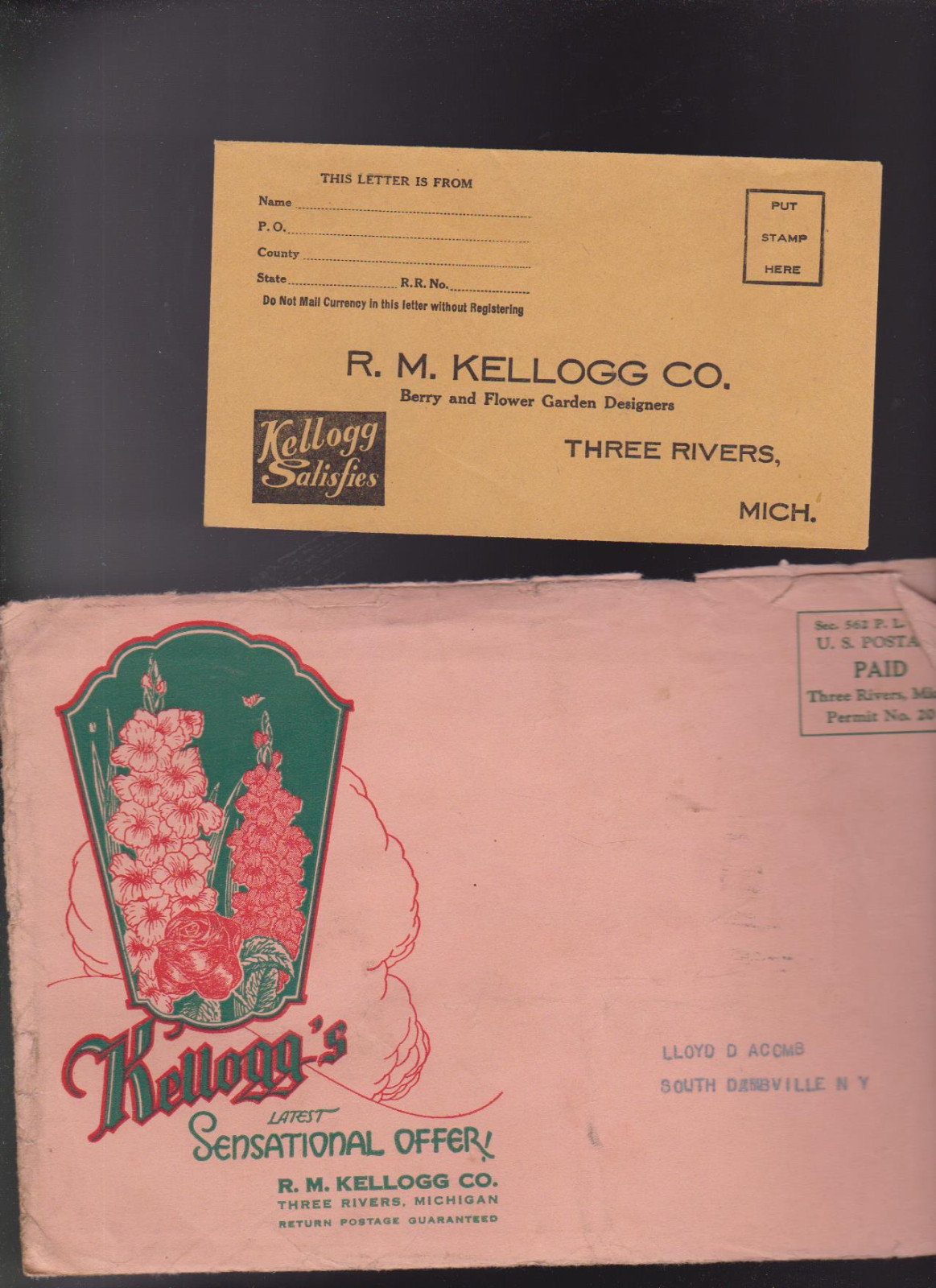 RM Kellogg 1933 Flower Sale Envelope & Brochure Three Rivers Michigan