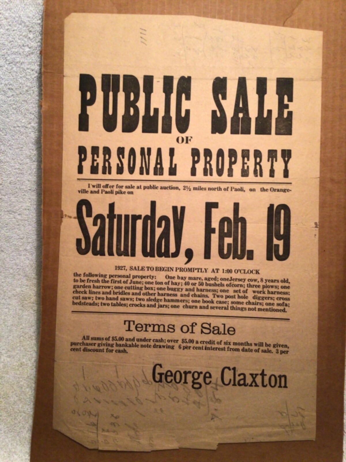 Vtg. Sale Bill Public Auction 1927 Paoli IN George Claxton Farm Stock, Machinery