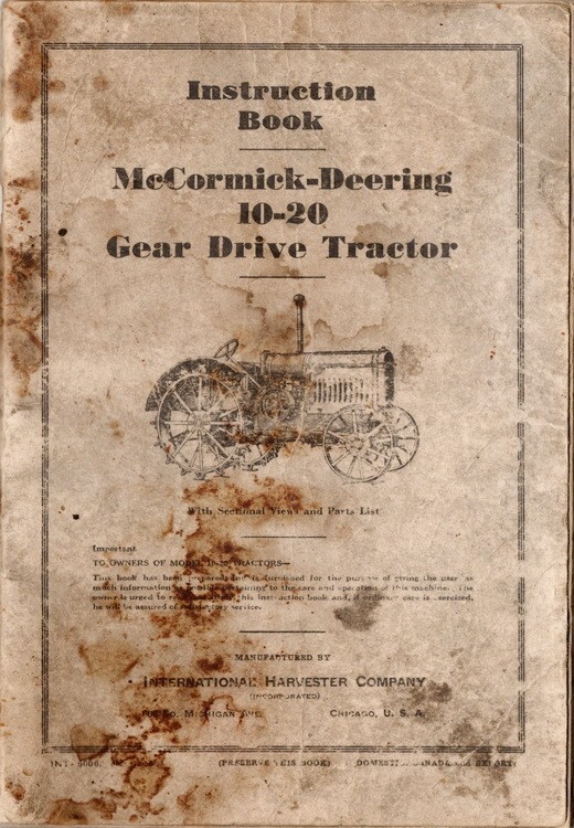 McCormick-Deering 10-20 Gear Drive Tractor, Instruction Book, 1935