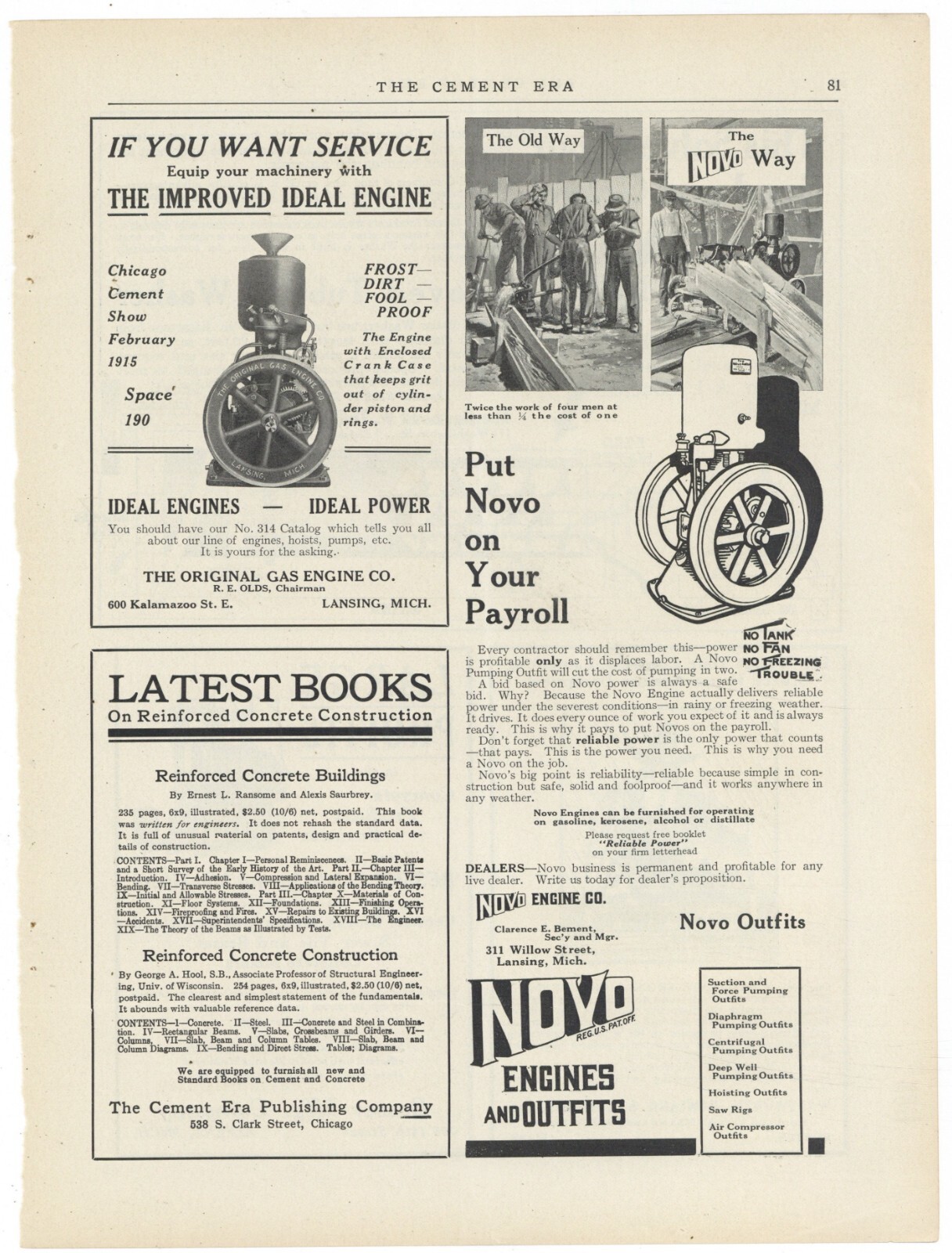 1914 Ads on 1 PG: NOVO & Ideal Gas Engines – Lansing, Michigan