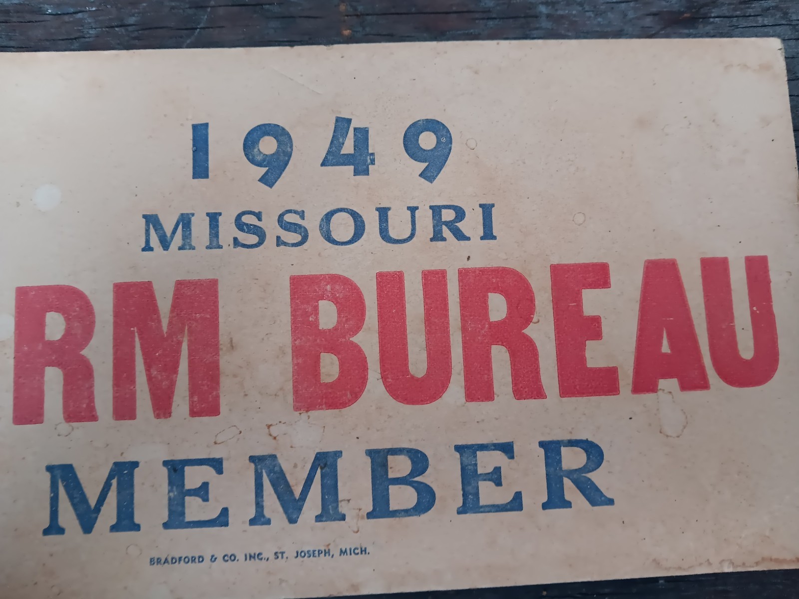Vintage Missouri Farm Bureau Member Sign Placard 1949