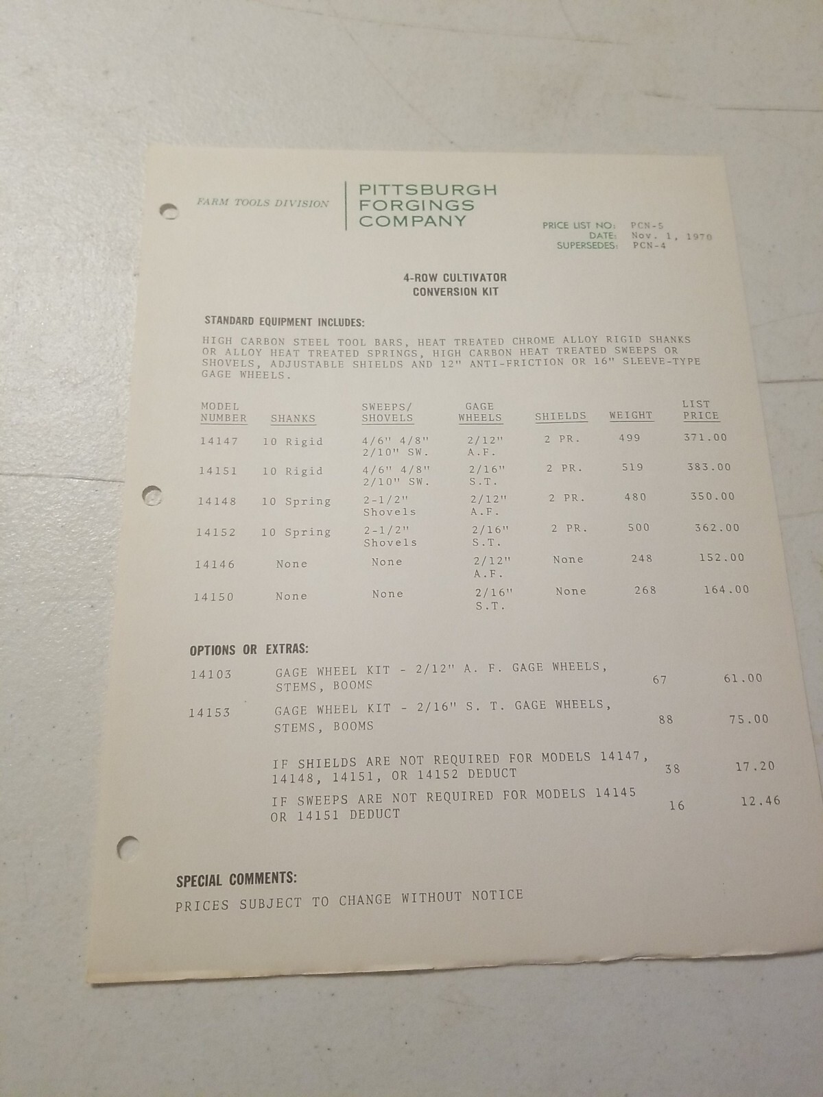 1970 PITTSBURGH FORGINGS CO. 4 ROW CULTIVATOR CONVERSION BROCHURE & PRICE LIST