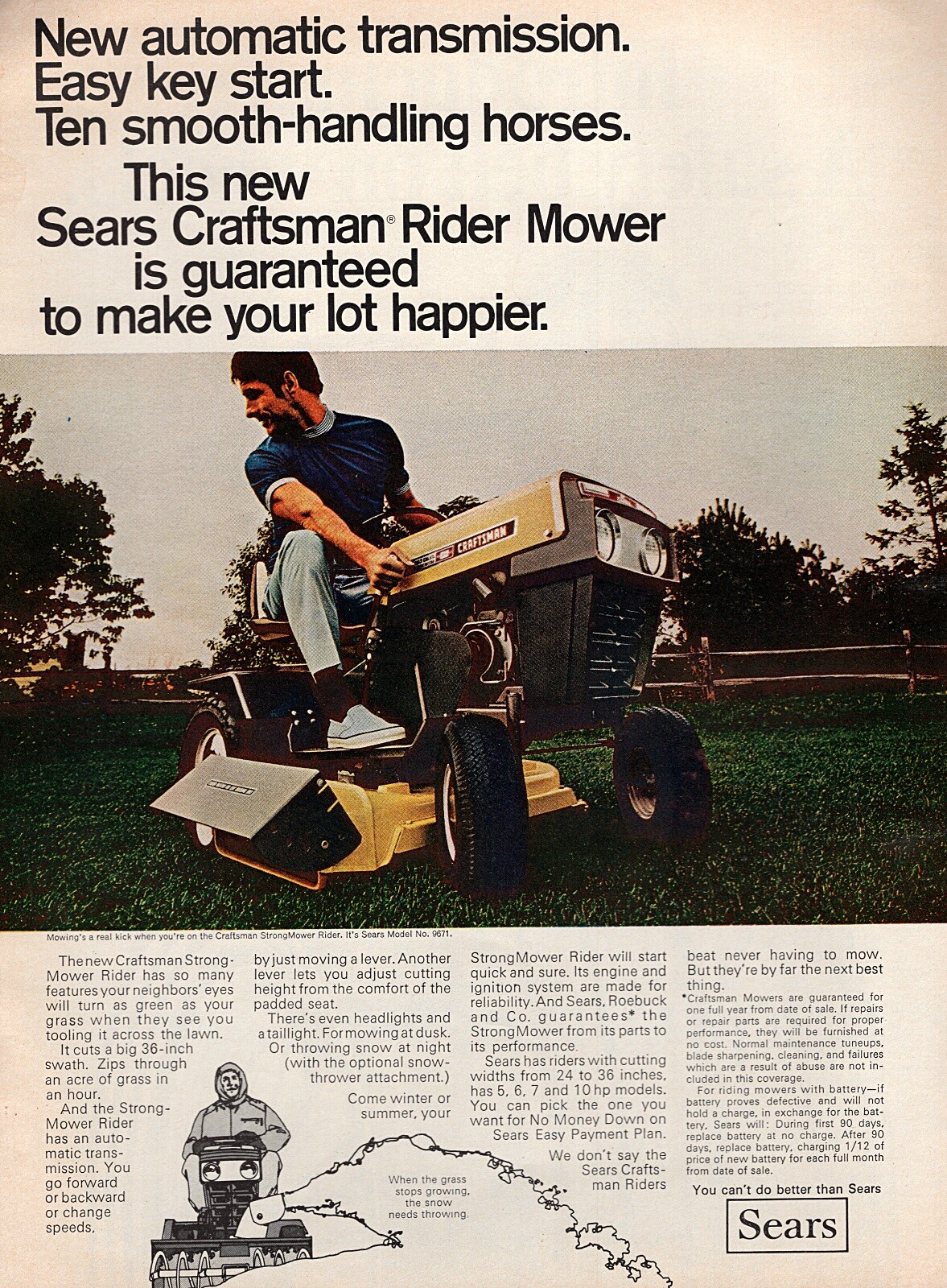 1969 Sears Craftsman Riding Mower Garden Tractor Model 9671 Original Color Ad