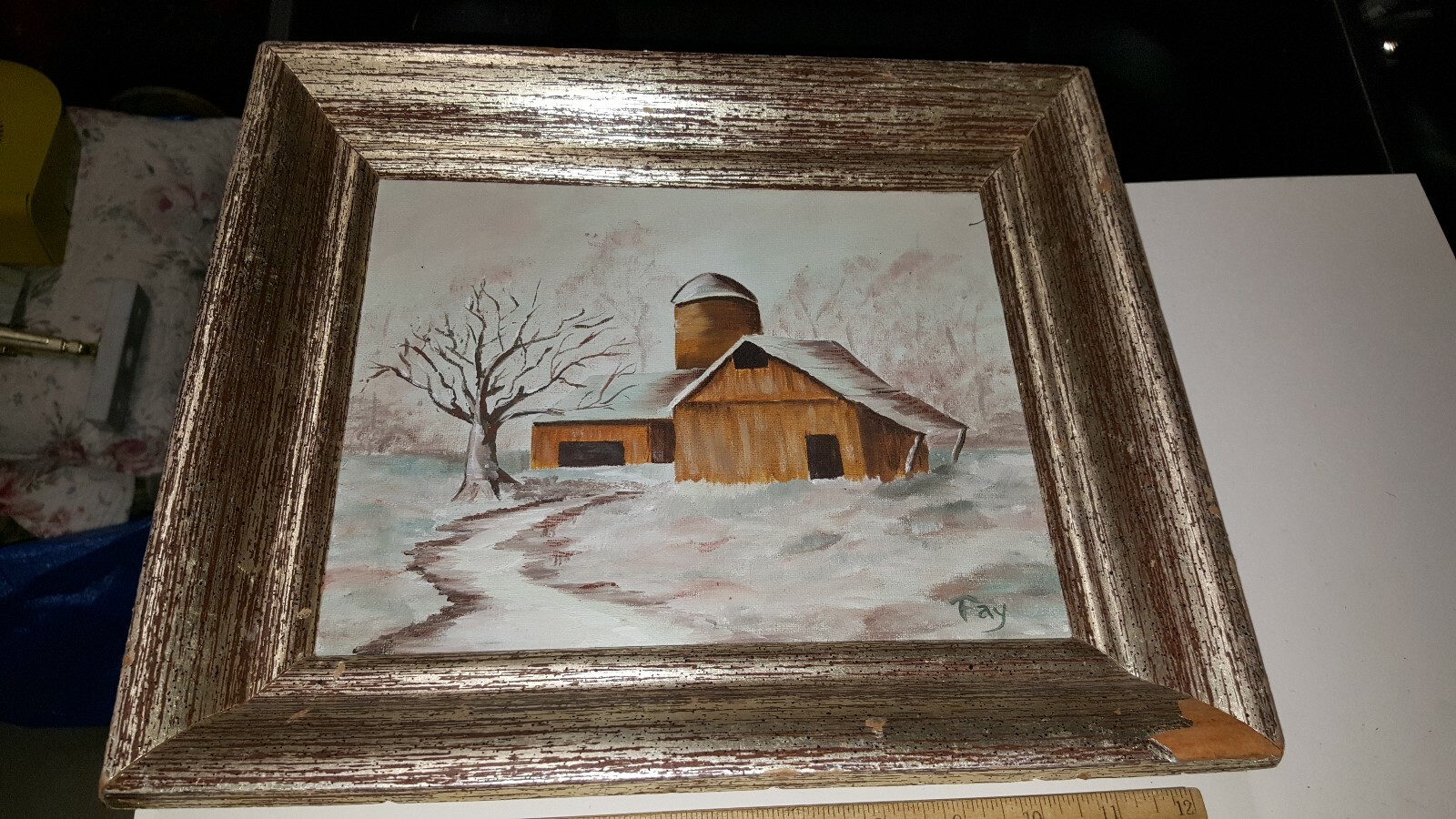 SIGNED PAINTING « FAY » OIL ON CANVAS IN FRAME FARM, BARN, MILL SCENE LOOK! WINTER
