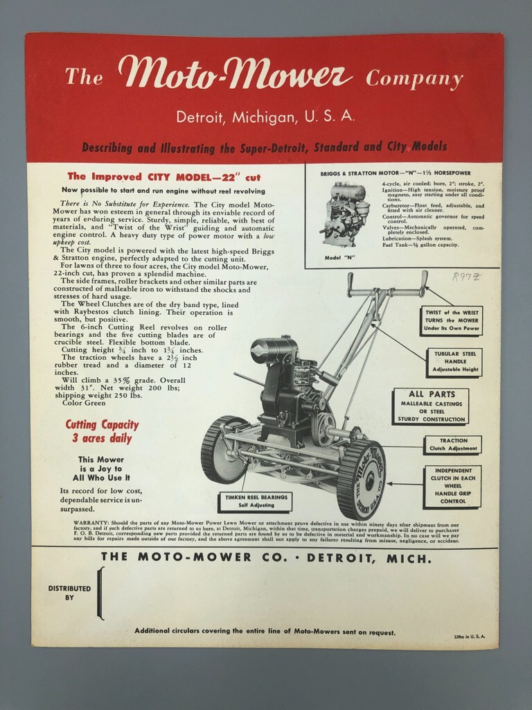 1940s MOTO-MOWER Co REEL LAWN MOWER Garden Tractor Vintage ADVERTISING Brochure