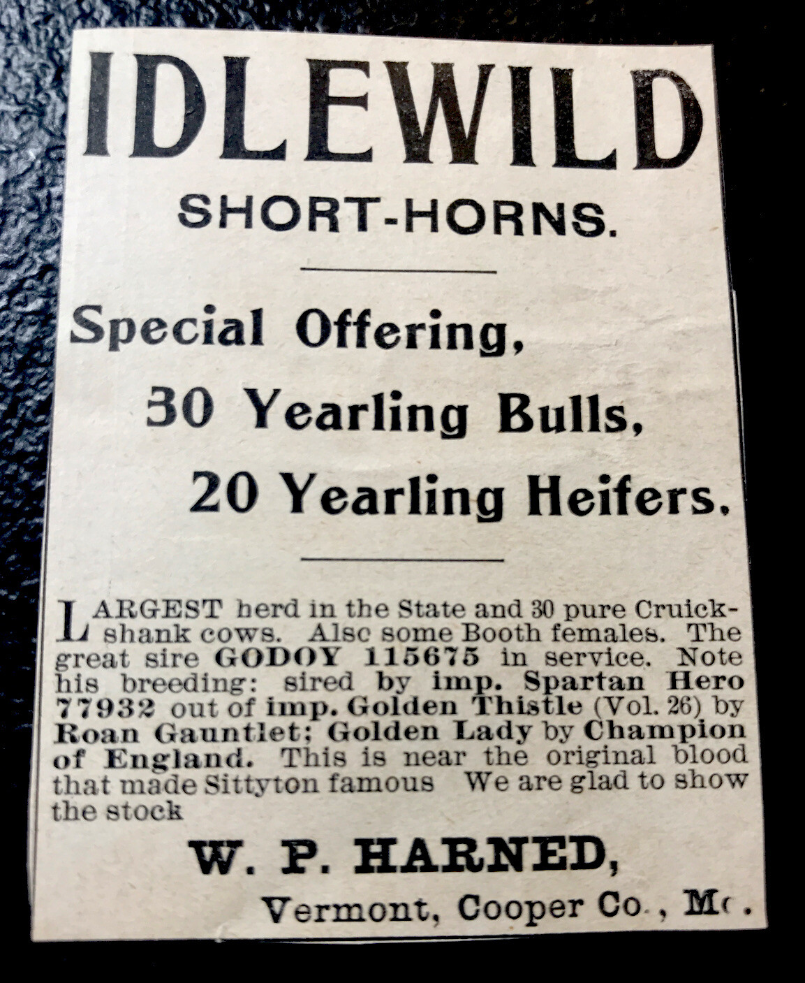 1900 Idlewood Farm Cattle Advertising – Vermont – Missouri – Cow