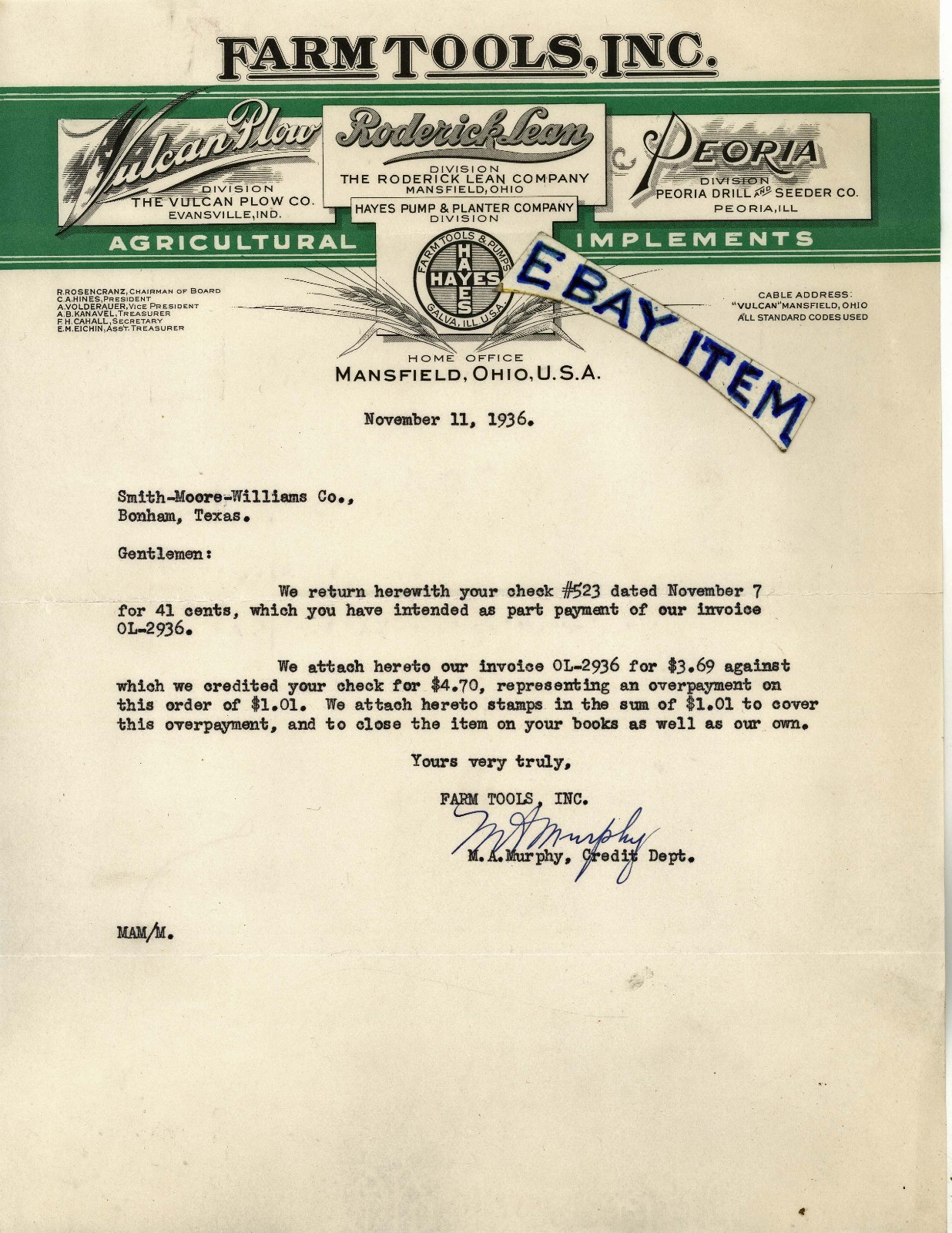 1936 letterhead FARM TOOLS INC Mansfield Ohio ROSENCRANZ HINES VOLDERAUER MURPHY
