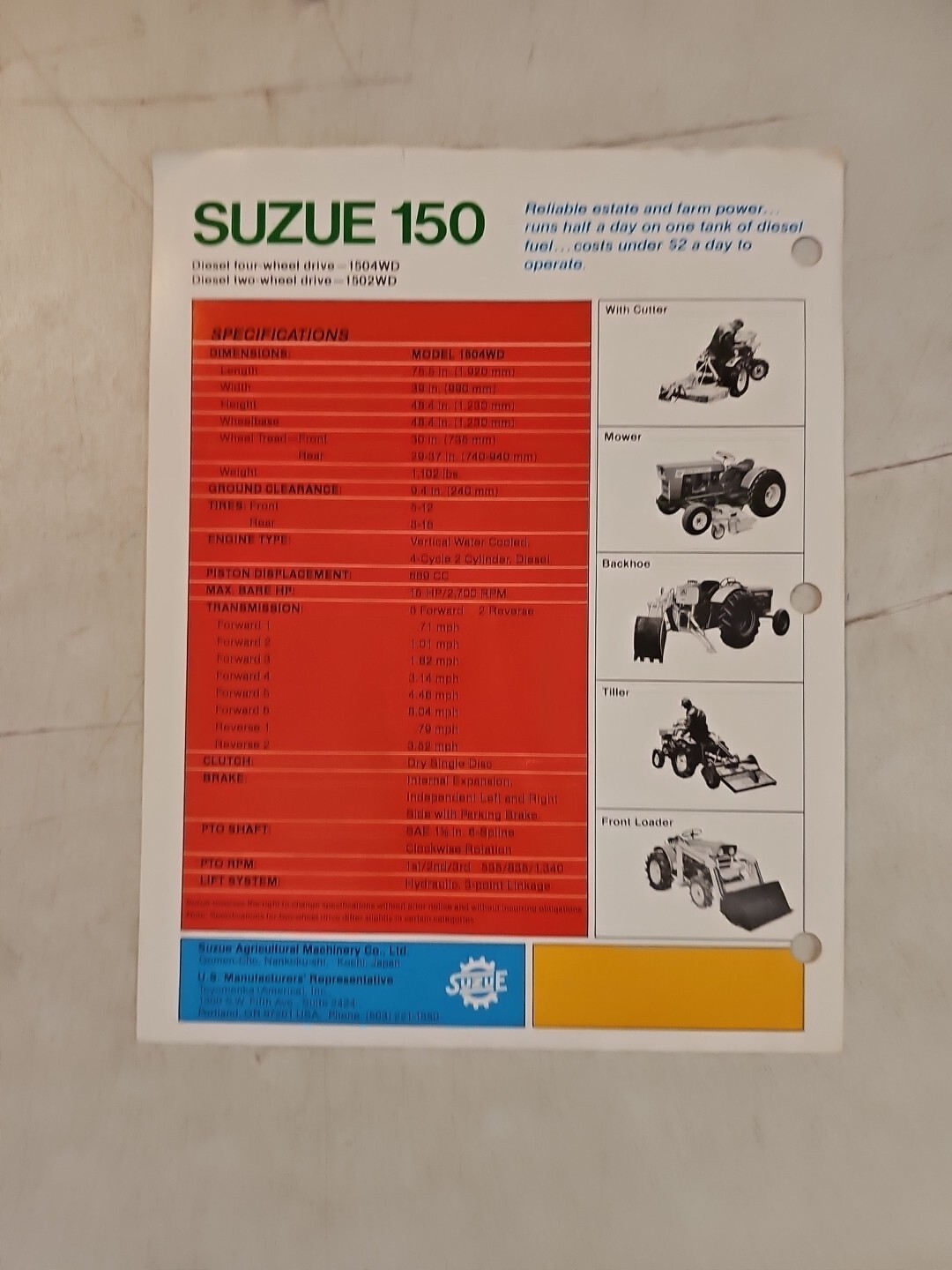 Vintage Suzue 15hp Diesel Tractor Dealer Sales Brochure Spec Sheet