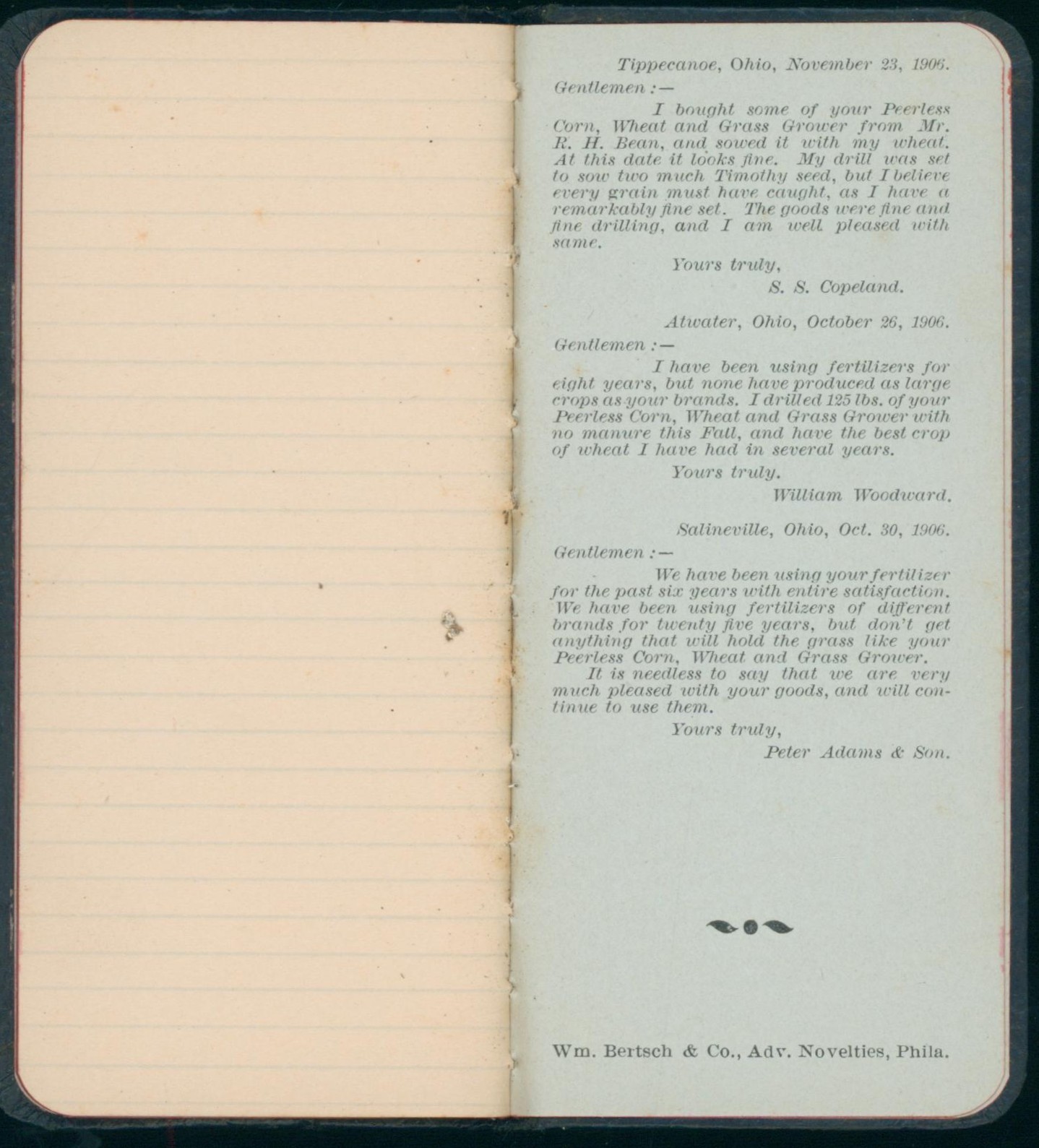 1906 Canton OH Fertilizer Chemical Co Peerless Corn Wheat Grass Grower Memo Pad