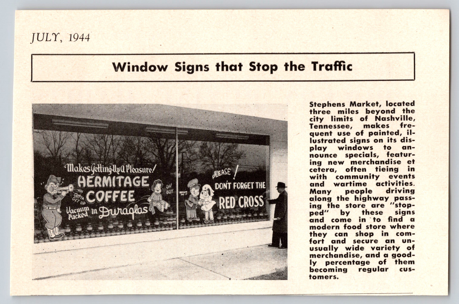 1944 PRINT AD Stephens Market Nashville TN Window Signs that Stop Traffic Coffee