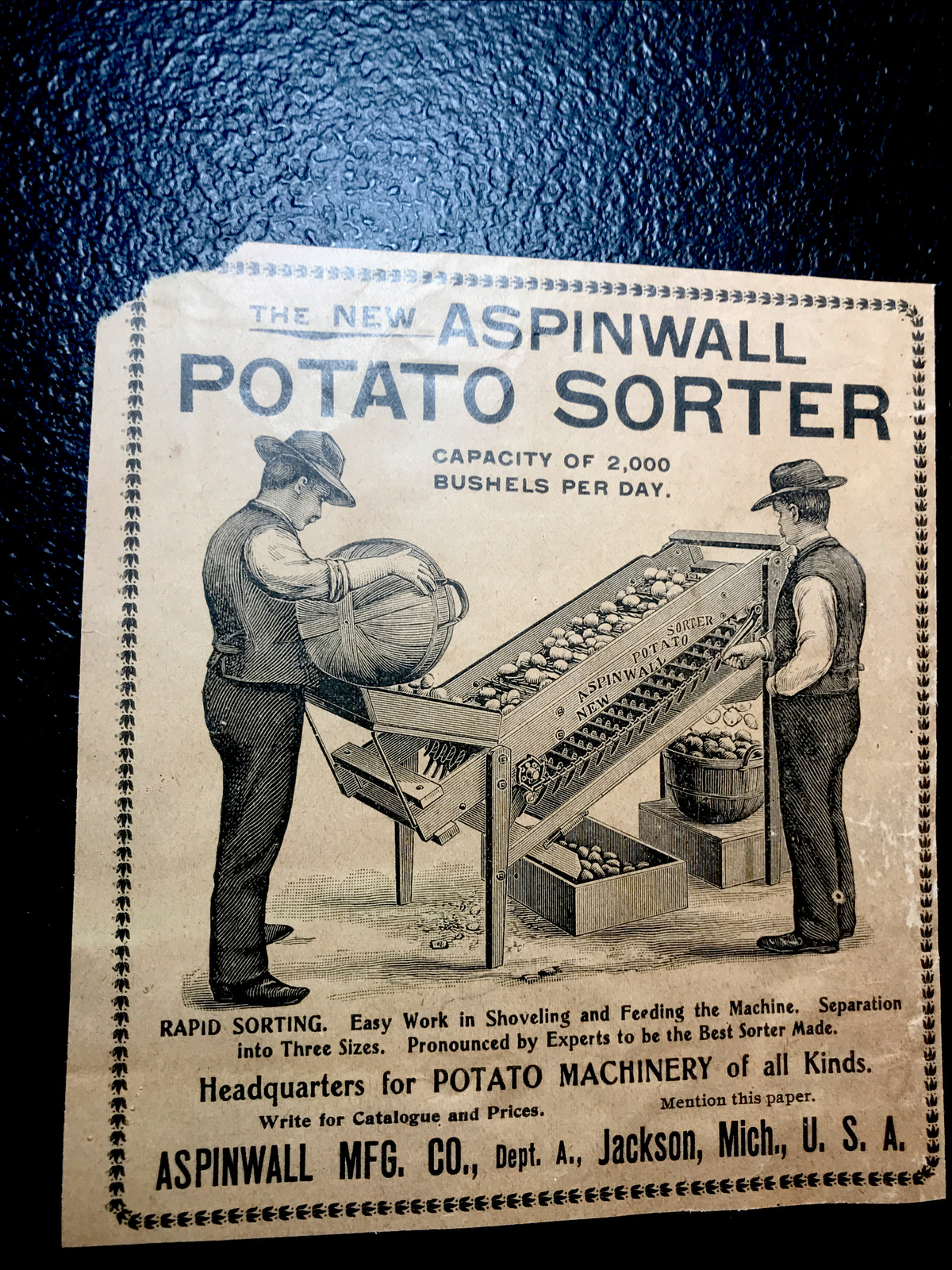 ORIGINAL 1900 Aspinwall Potato Sorter Farm Advertising – Jackson – Michigan