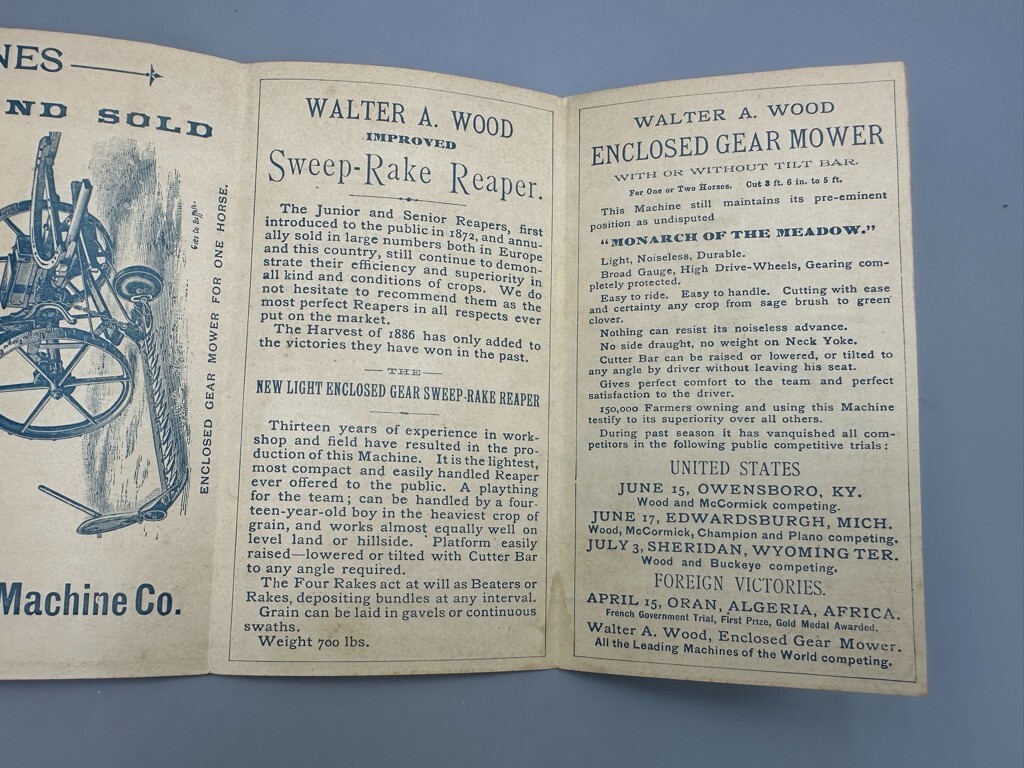 1886 Harvester WALTER WOOD Victorian FARM Advertising Trade Card HOOSICK FALLS