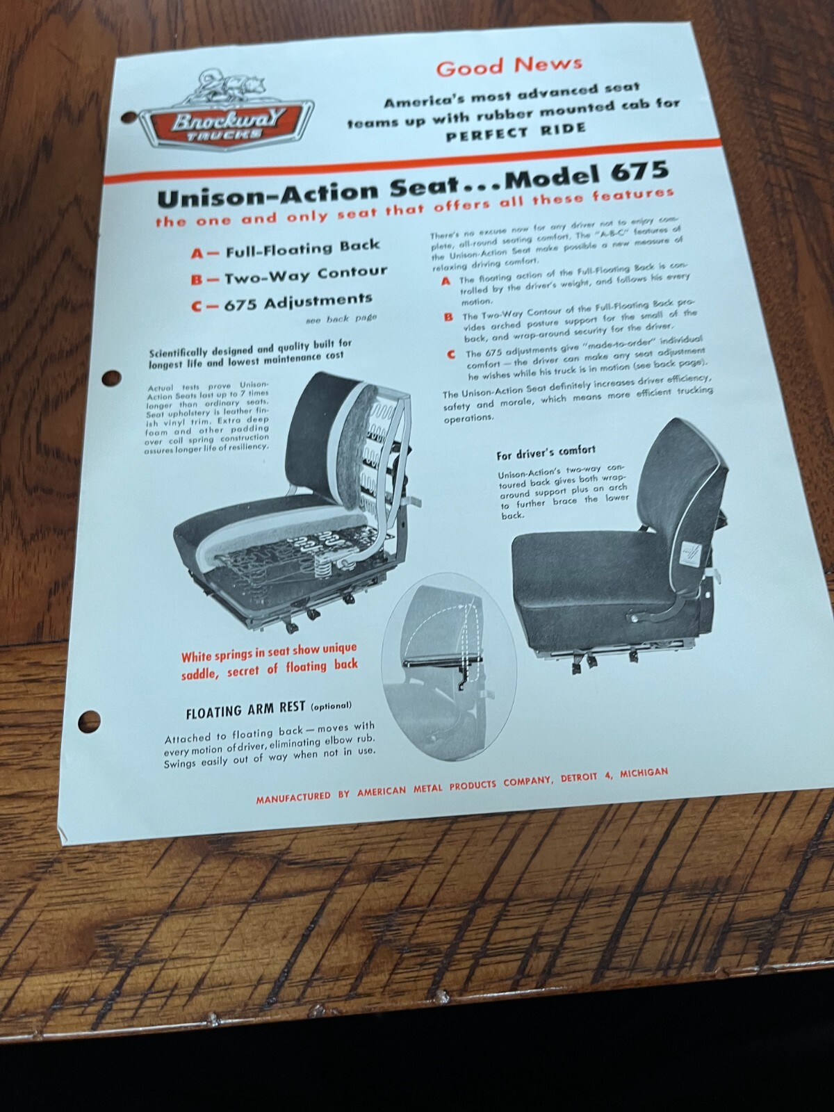 Brockway Truck Unison-Action Seat Model 675 For 1960 Brochure SMPA
