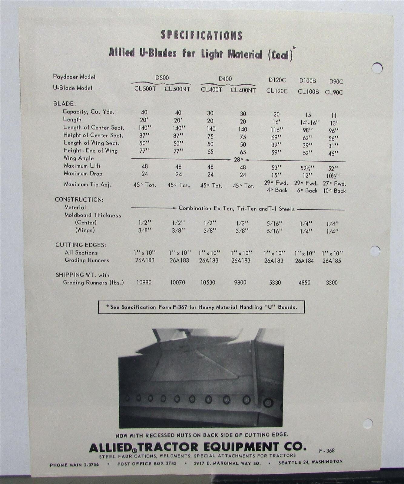 1968 Hough U Moldboards Pay Dozers Specifications Construction Sales Brochure