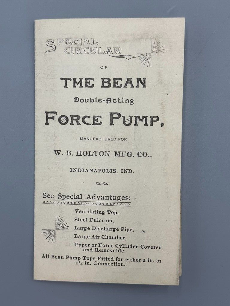 c 1880 BEAN&rsquo;s Water Force PUMP Holton Mfg Antique FARM Advertising INDIANAPOLIS