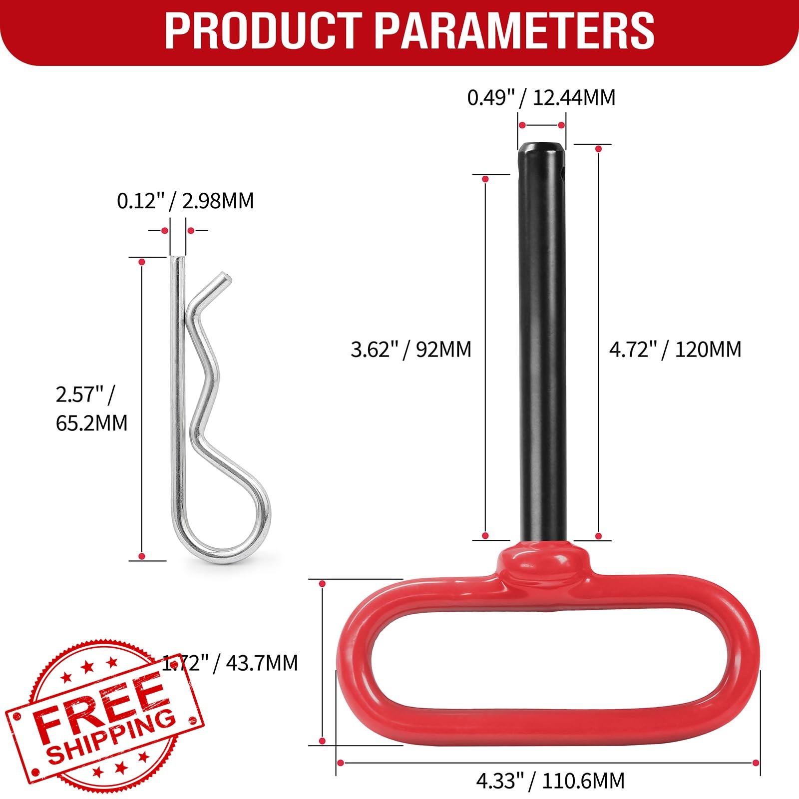 Jamiikury 2x 1/2 x 3-5/8 Red Hitch Pins