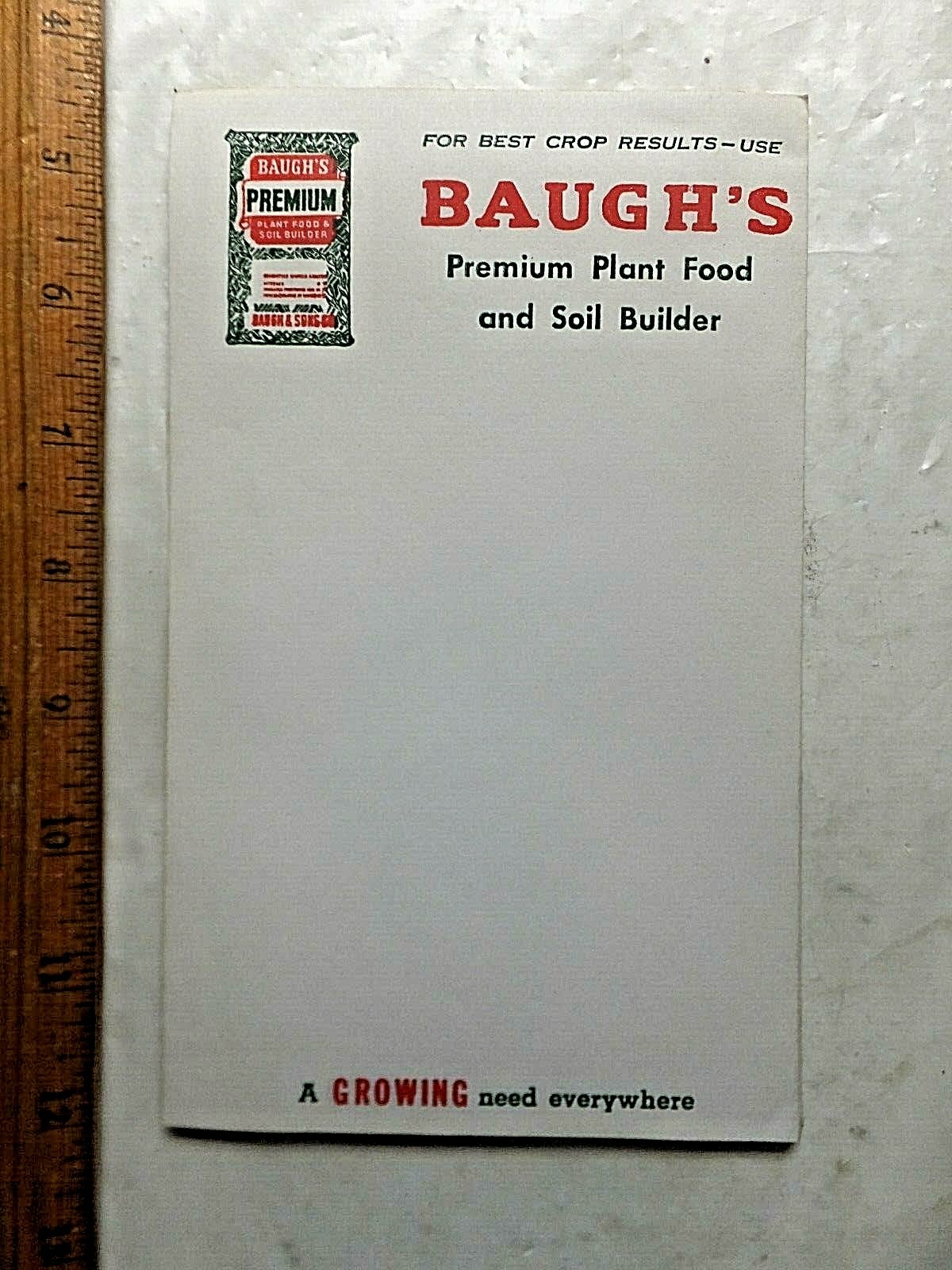 1950&rsquo;s? Advertising Note Pad. Baugh&rsquo;s Premium Plant Food and Soil Builder.