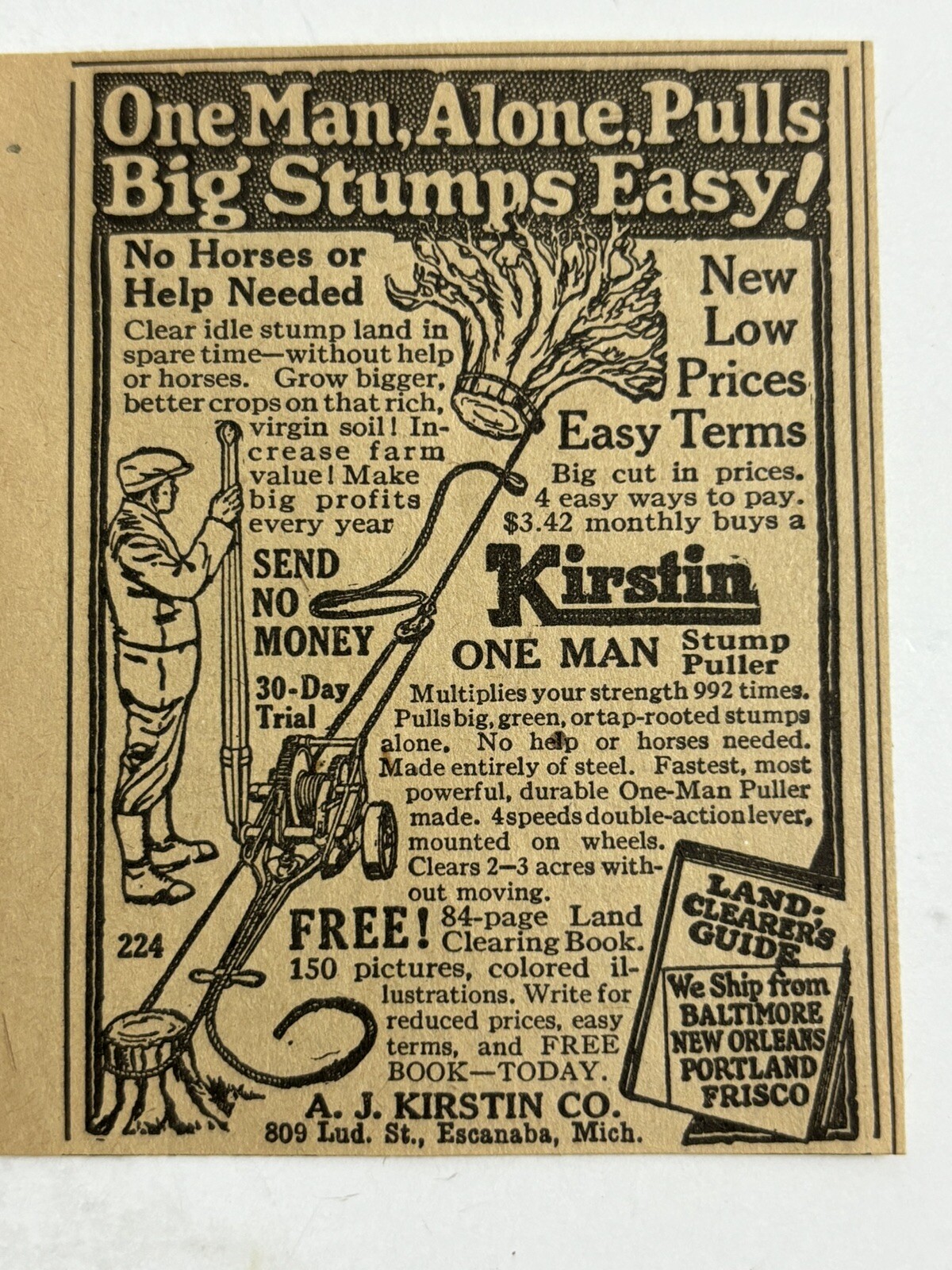 1924 Kristin Stump Puller A J Kirstin Company Escanaba Michigan Farm print Ad