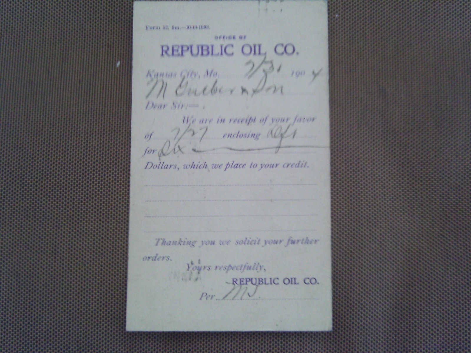 RARE 1904 POSTCARD ORDER RECEIPT REPUBLIC OIL COMPANY KANSAS CITY MISSOURI MO
